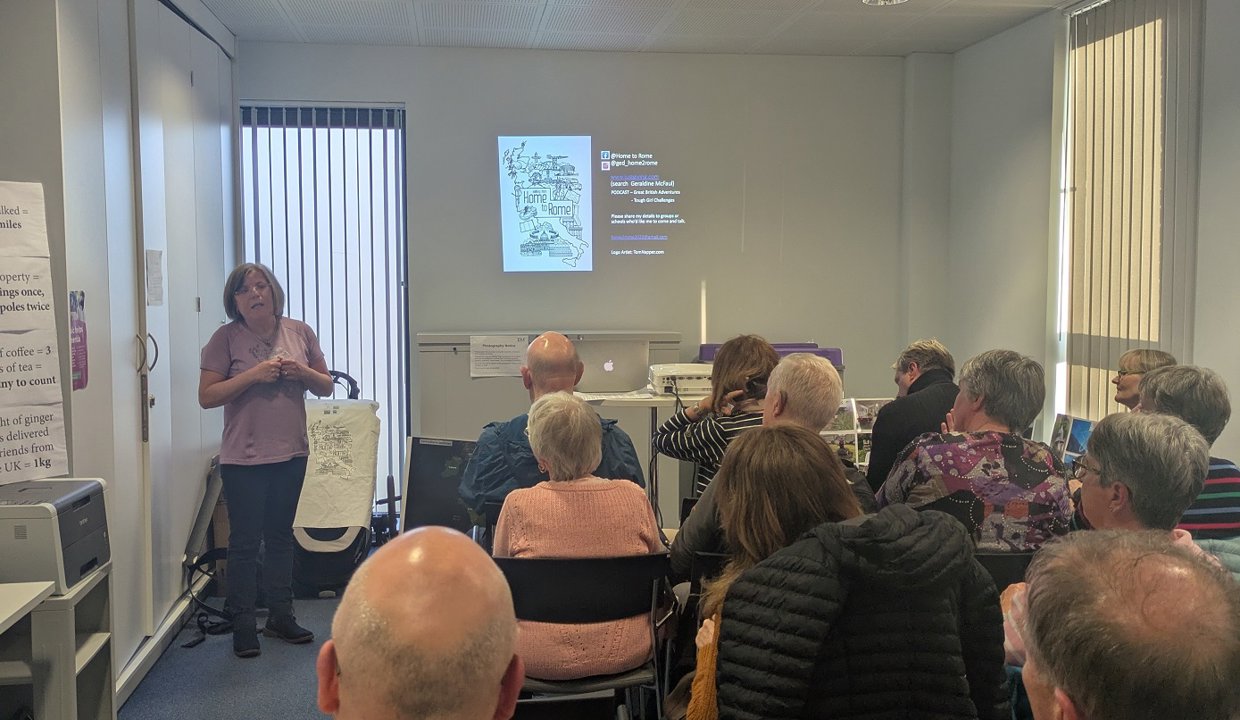 Geraldine McFaul speaks to an audience about walking from ‘Home to Rome’