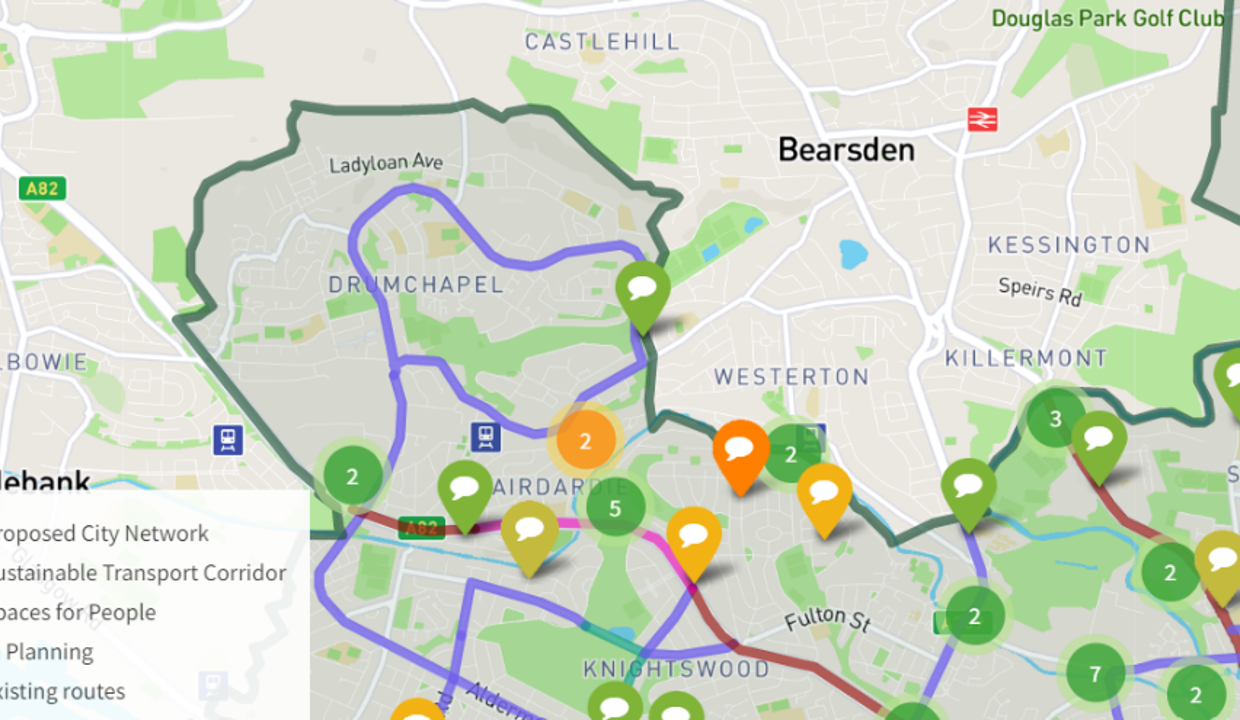 The map is from a 2021 consultation on GCC’s forthcoming Active Travel Strategy. Light blue routes (proposed city network) are segregated cycleways while red routes are sustainable transport corridors.