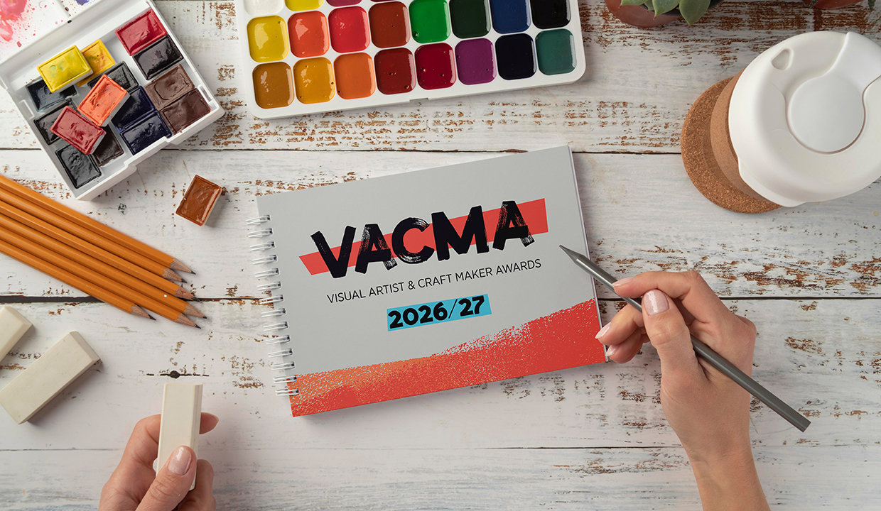 An image of artist’s paints and a canvas containing the words: VACMA - Visual Artist and Craft Maker Awards 2026/27.

