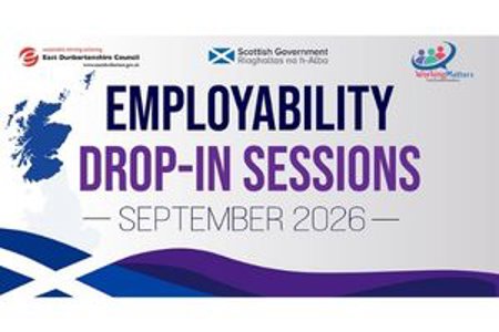 Graphic that reads 'employability drop-in sessions september 2026' featuring a map of Scotland and a saltire