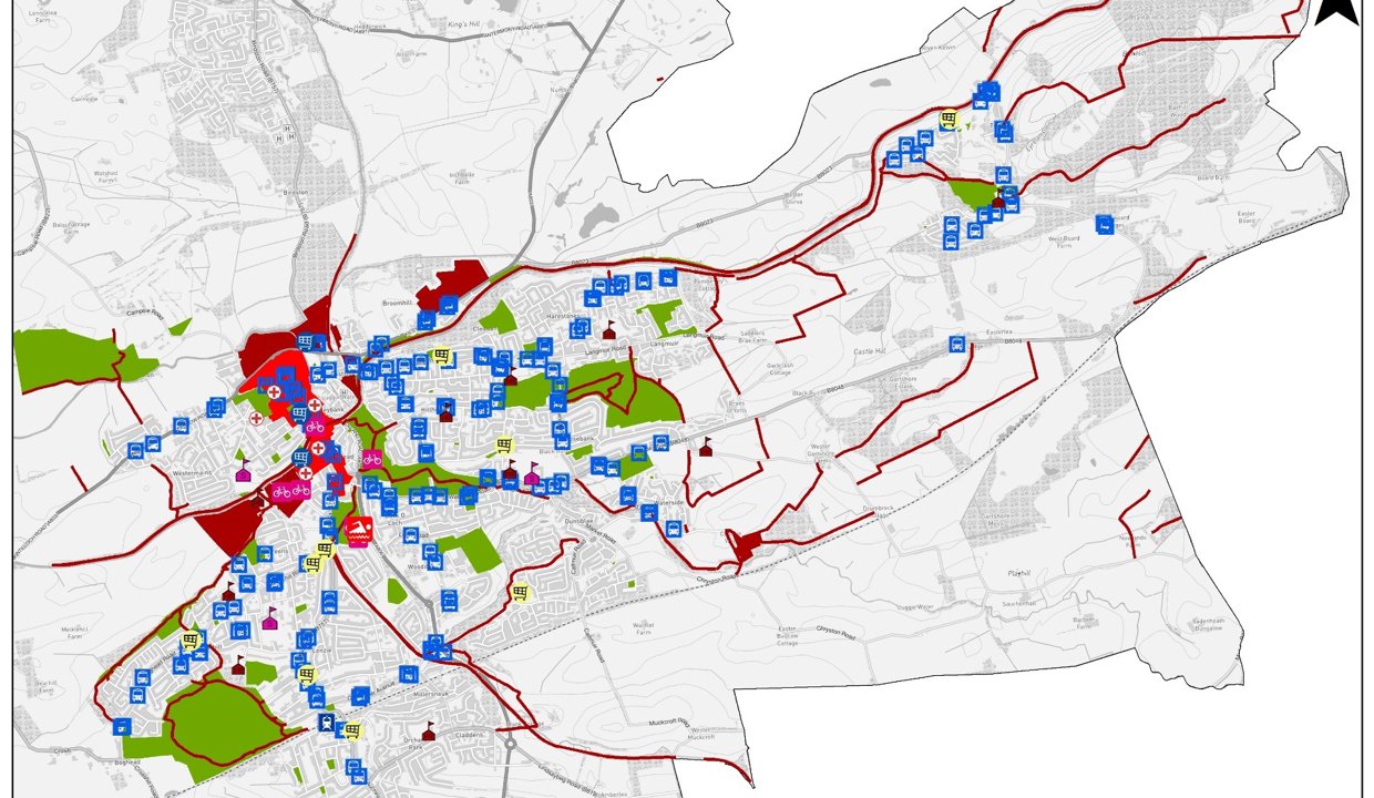 The map shows active travel routes, public transport and key trip generators in Kirkintilloch, Lenzie and Twechar