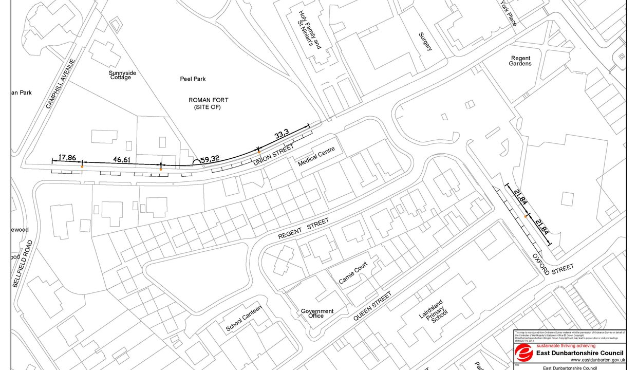 Map showing where the on street parking charging will be for Union Street and Oxford St Kirkintilloch