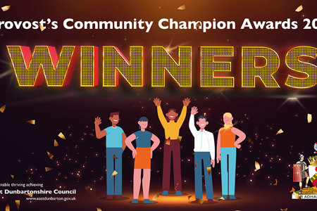 Graphic of people celebrating with the word 'winners' in gold text above them