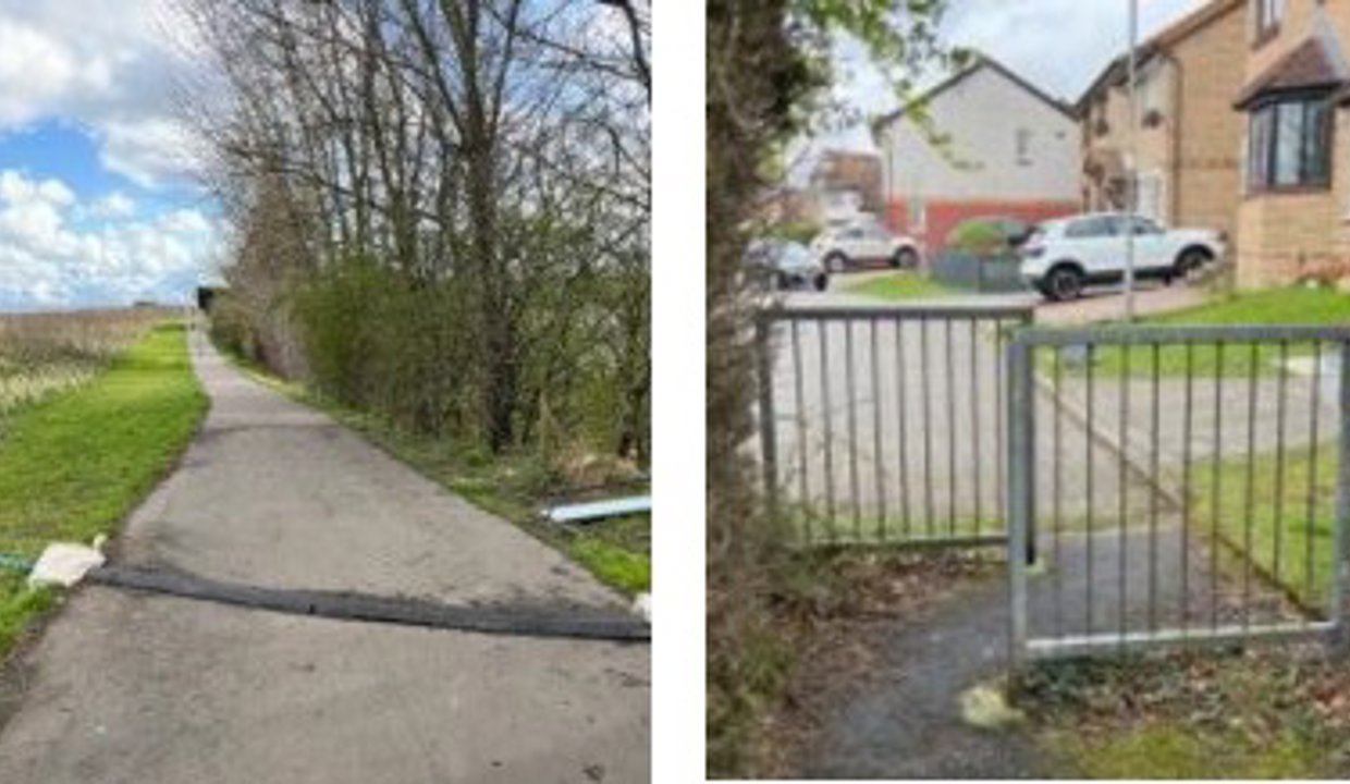 Pictured is a barrier that did not fit in any of the prescribed categories. This barrier was due to temporary works on Wester Way and it impedes cycling and wheeling on the otherwise high-quality route. On the right is a fence stopping certain vehicles from entering a path.