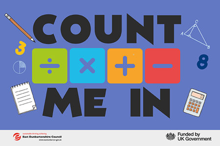 Blue count me in graphic with division, multiply, plus and minus symbols