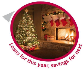 christmas tree next to a fire with the text 'loans for this year, savings for next'