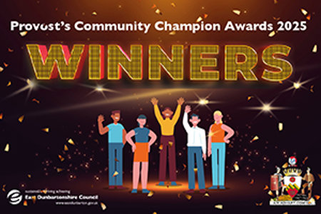 Graphic of people celebrating with the word 'winners' in gold text above them