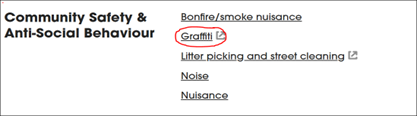 Screenshot of the Report It page on the Council website with the Graffiti link highlighted red