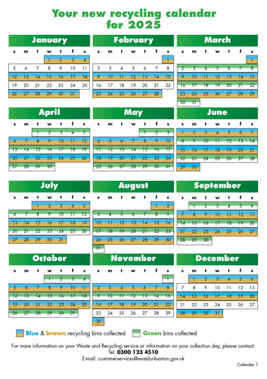 Chart showing the 2025 recycling and waste collection dates for calendar 1