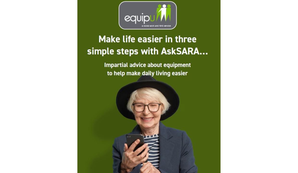 Leaflet which reads: Make life easier in three simple steps with AskSARA - with an image of an older woman holding a mobile device