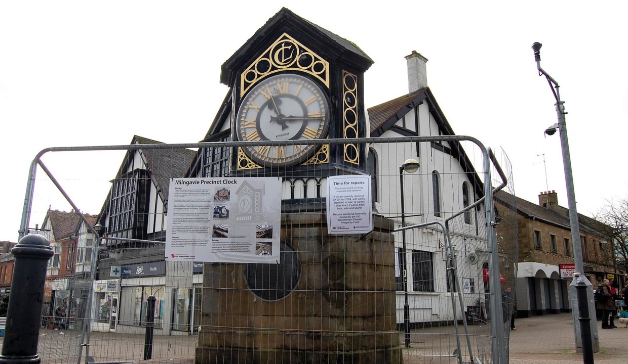 Clock in Milngavie Precinct surrounded by mesh fence