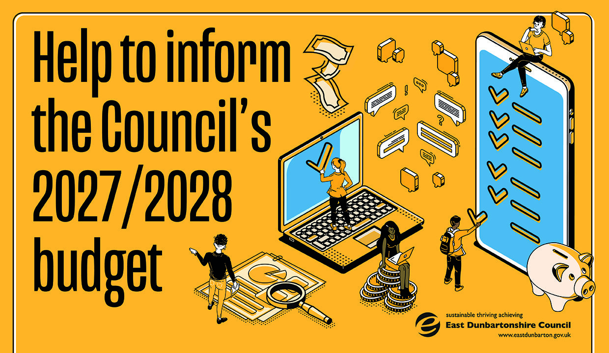 yellow graphic with the text 'help to inform the Council's 2027/28 budget' with various illustrations below including a tablet, laptop and cash