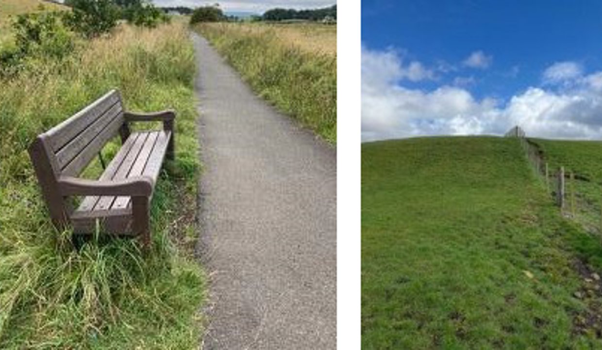 Picture left - bench sitting on the grass with the path in front. Picture right is a field with fence