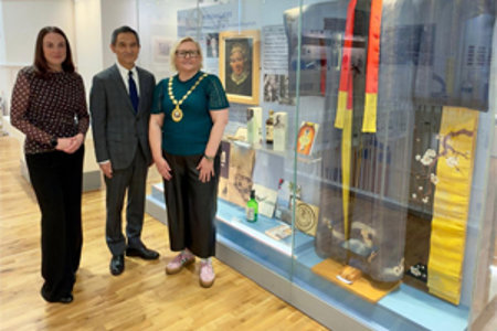 Provost Gillian Renwick and Depute Provost Colette McDiarmid are pictured with Katsutoshi Takeda - the Consul General of Japan in Edinburgh – at the permanent display in Kirkintilloch Town Hall, which includes items such as Rita Taketsuru’s kimono.