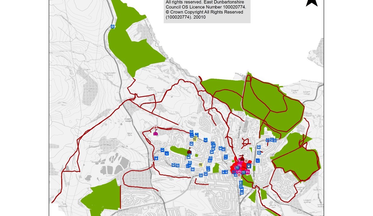 Title: Map of Milngavie - Description: Shows key trip generators and off-road active travel routes