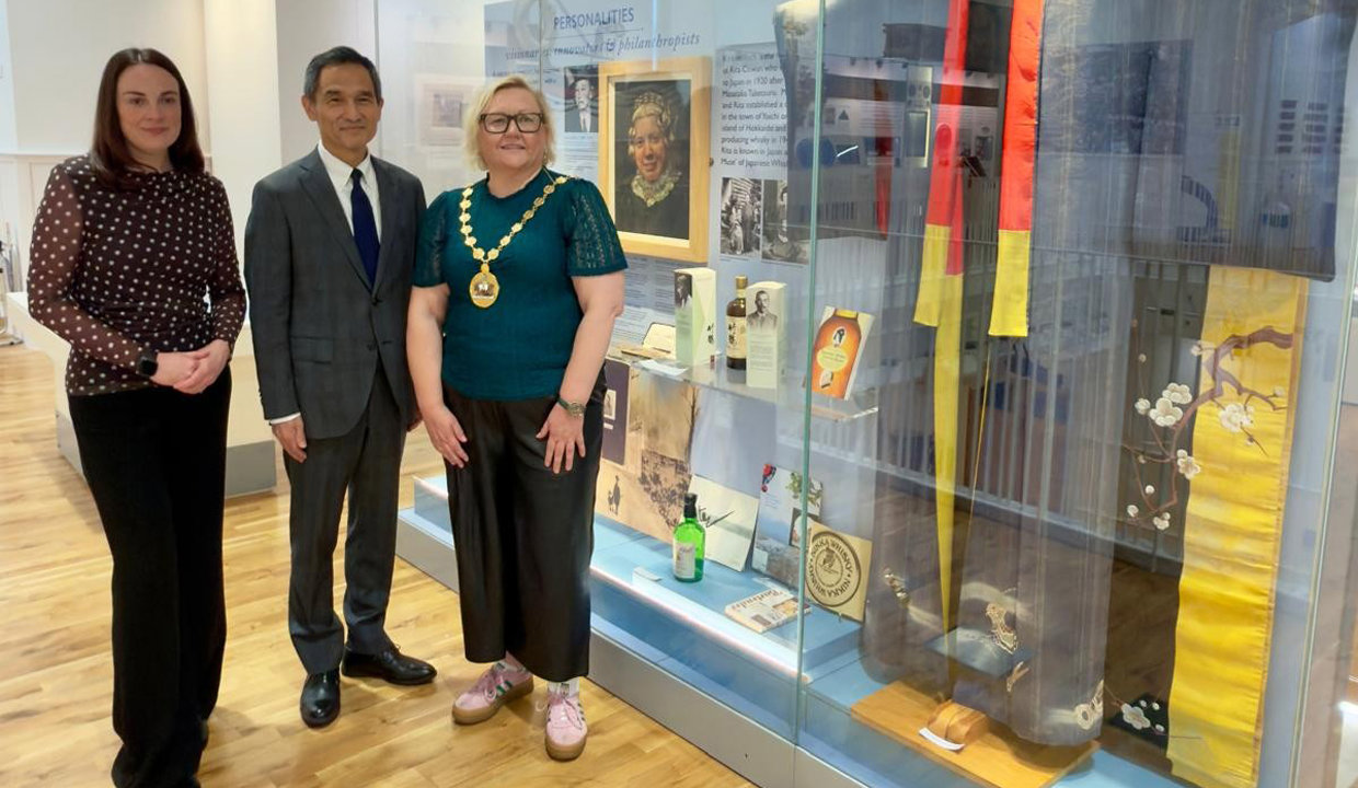 Provost Gillian Renwick and Depute Provost Colette McDiarmid are pictured with Katsutoshi Takeda - the Consul General of Japan in Edinburgh – at the permanent display in Kirkintilloch Town Hall, which includes items such as Rita Taketsuru’s kimono.