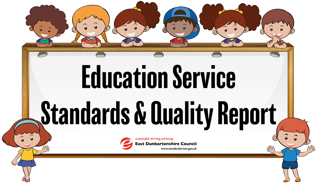 cartoon children standing round a sign saying education service standards and quaility report