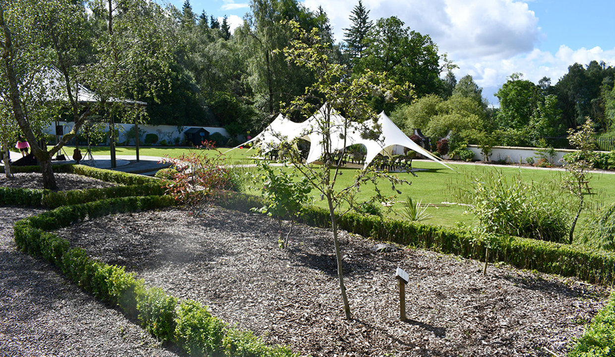Outdoor area featuring chip stones, trees and grass 