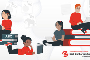  Graphic set against white background of four young people.  