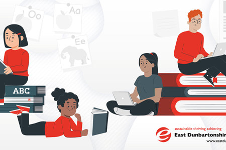  Graphic set against white background of four young people.  