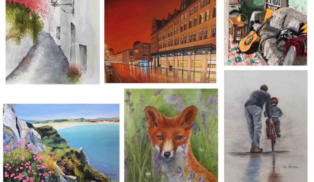 Poster advertising Kelvin Artists Exhibition-paintings and text: Featuring works by Katie Blackie, Ian Hutchinson, Margie Kanaiah, Betty Layden, Carol McCandlish and Val Pearson. It's on from 28 September to 31 October 2024. The artists hail from Bearsden, Bishopbriggs, Kirkintilloch Lenzie and Milngavie.