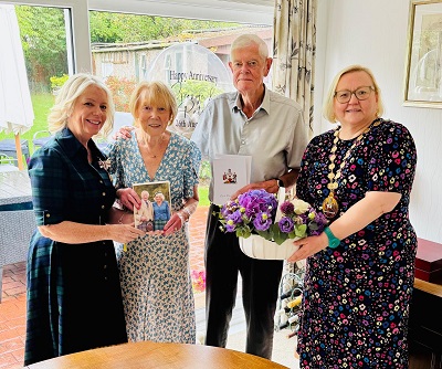 Patsy and George Morris celebrate their Platinum Wedding Anniversary with Deputy Lieutenant Maureen Cummings (left) and Provost Renwick