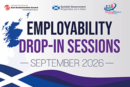 Graphic that reads 'employability drop-in sessions september 2026' featuring a map of Scotland and a saltire