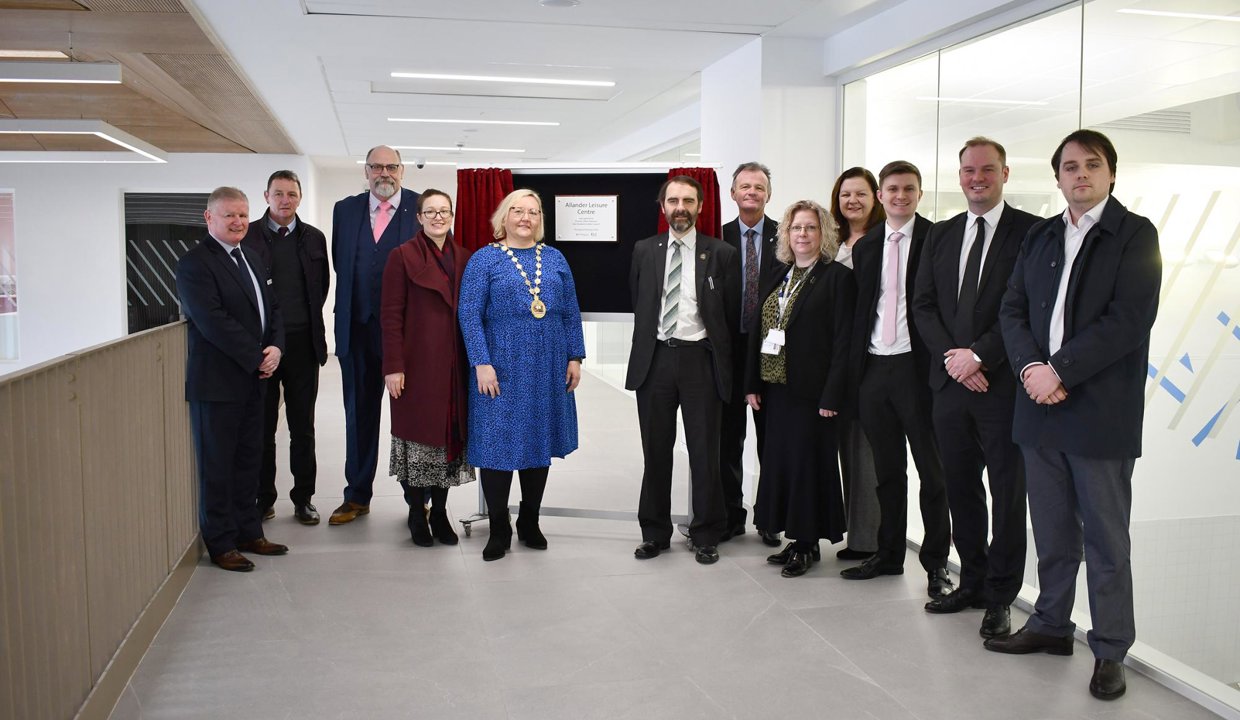 Pictured at the Allander (from left): Mark Grant, General Manager – East Dunbartonshire Leisure and Culture (EDLC) Trust; Cllr Calum Smith, Chair of East Dunbartonshire Health and Social Care Partnership (HSCP); Provost Gillian Renwick; Councillor Gordan Low, Leader of East Dunbartonshire Council; Cllr Jim Gibbons, Chair of EDLC Trust; Angela Fegan, the Council's Executive Officer for Customer Services & Organisational Development; and Caroline Sinclair, Chief Officer – East Dunbartonshire HSCP.