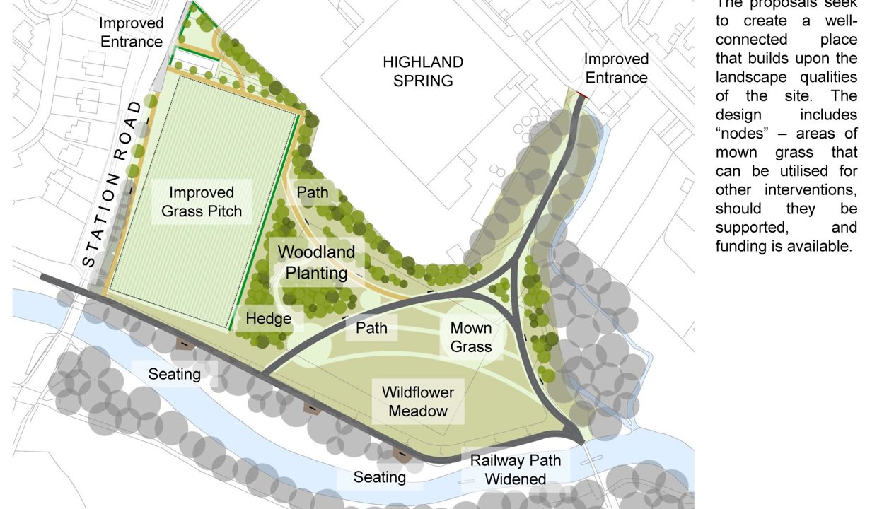 A map showing the proposals for Station Road Park which include an improved entrance, a grass pitch, new seating and paths, woodland planting, wildflower meadow creation and a widening of the existing railway path.