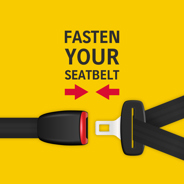Black seatbelt on a yellow background with text that reads 'fasten your seat belt'