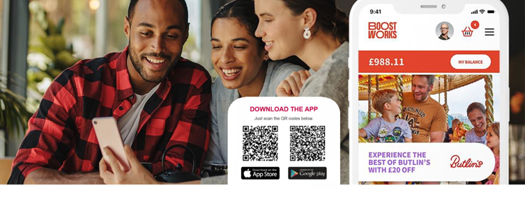 three people laughing while looking at a smartphone with two screenshots showing QR codes for downloading an app