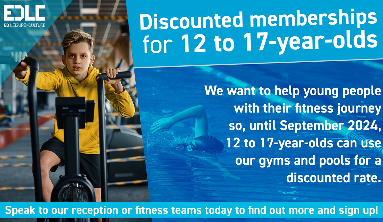 Poster of boy on exercise bike with wording: Discounted membership for 12 to 17-year-olds