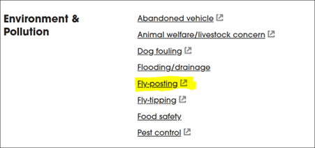 Screenshot of the report it section of the website with the fly posting link highlighted yellow