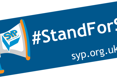Scottish Youth Parliaments logo reading #standforSYP, syp.org.uk