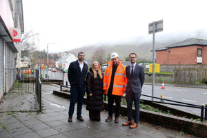 Andrew Wilkinson, Regeneration & Town Centres, East Dunbartonshire Council; Mary Docherty, Director of Bus, Concessionary & Active Travel, Transport Scotland, Chris Rae, Luddon Construction; Councillor Paul Ferretti, Convener of the Place, Neighbourhood and Corporate Assets committee pictured on Lennoxtown Main Street as work gets underway.