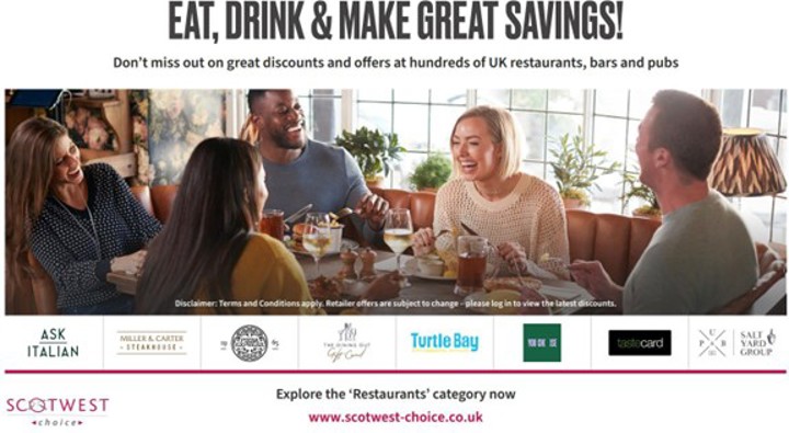 Graphic that says 'eat, drink and make great savings' with an image of a group of people enjoying a meal in a restaurant