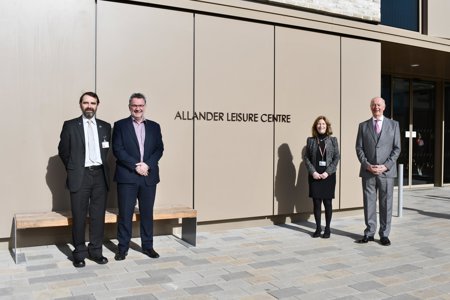 Councillor Gordan Low, Jim Neill and others outside the new Allander Leisure Centre