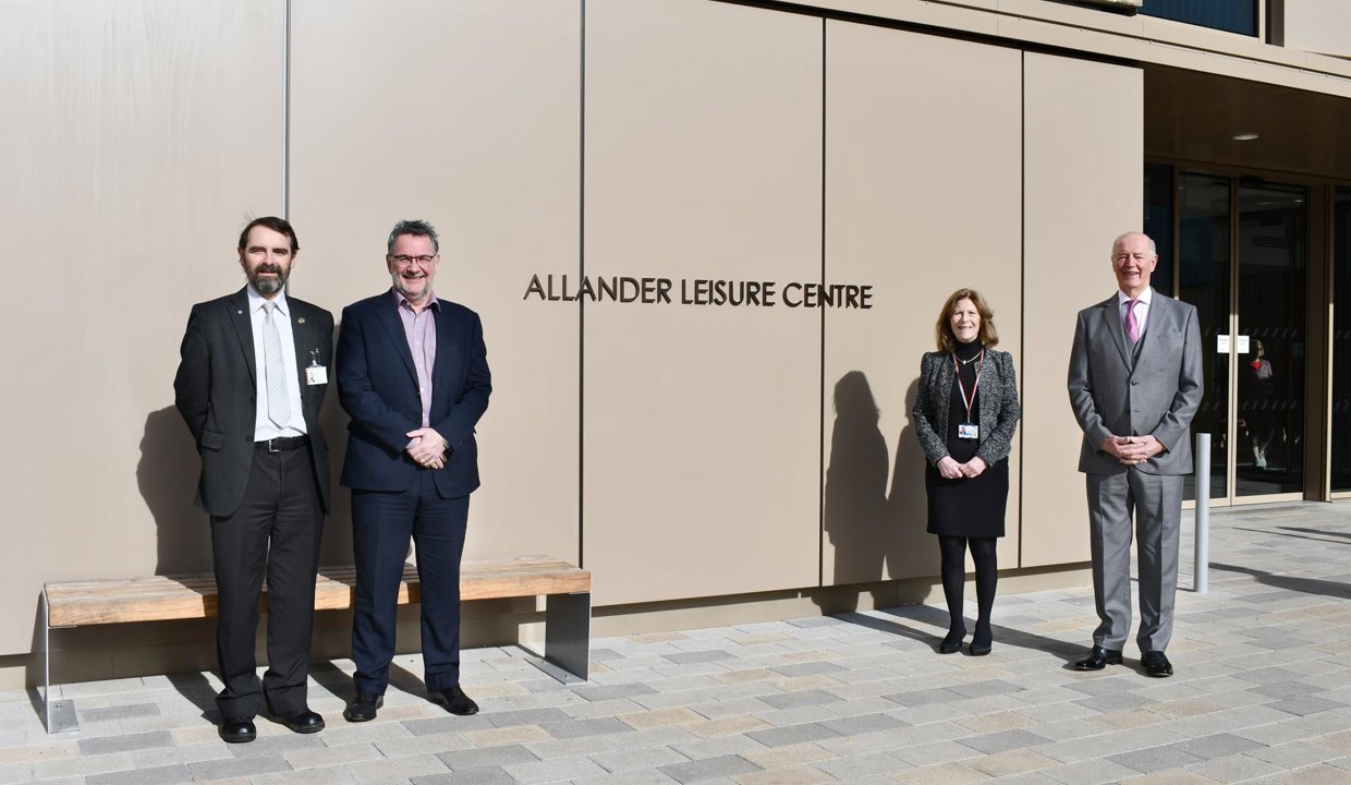 Councillor Gordan Low, Jim Neill and others outside the new Allander Leisure Centre