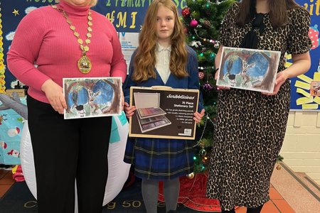 Provost Renwick and Depute Provost McDiarmid with Christmas Card competition winner
