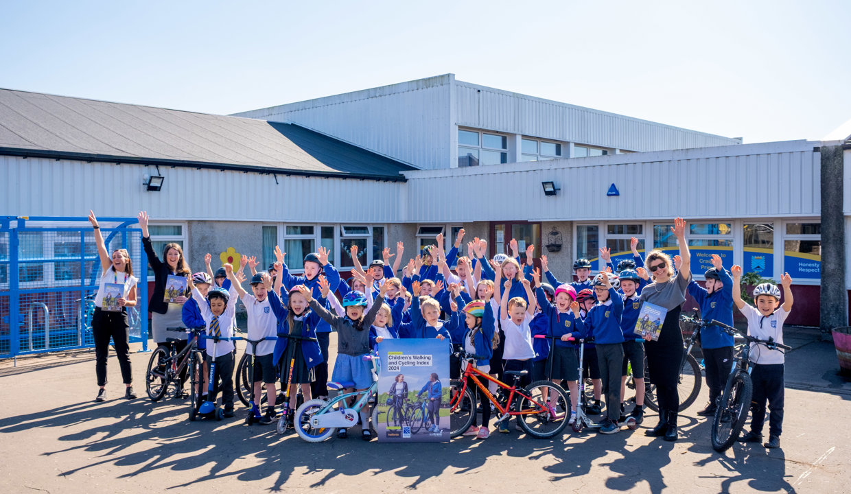 A group of pupils and adults are pictured at the launch of the Children’s Walking and Cycling Index Scotland report earlier this year