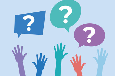 drawing of raised hands and questions though bubbles