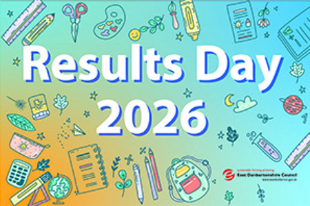 School stationary such as calculators, rulers, pencils, notepads, backpacks and others on a yellow and blue background with text that reads 'results day 2026'