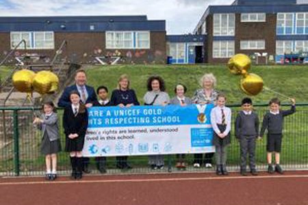 Left to right is Greg Bremner Chief Education Officer, Convener of Education Lynda Williamson, Headteacher Lesley Rodden and Depute Head/Principal Teacher Lynn Parker