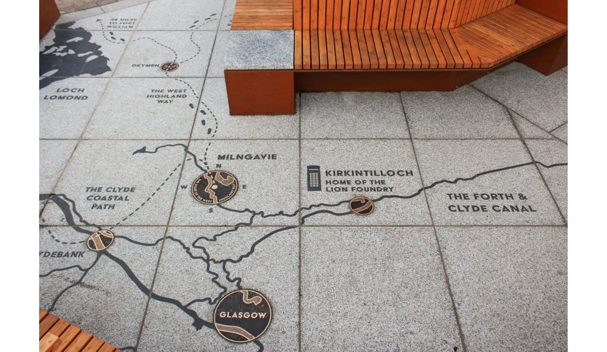 map drawn on white tile floor showing the location of glasgow, milngavie, kirkintilloch and the canal