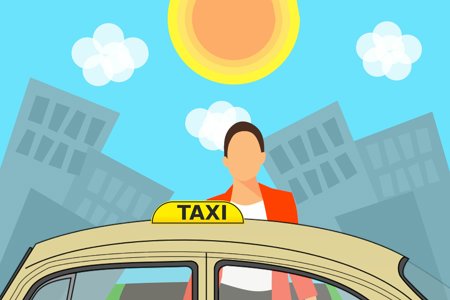 Man standing next to a taxi with buildings and the sun in the background