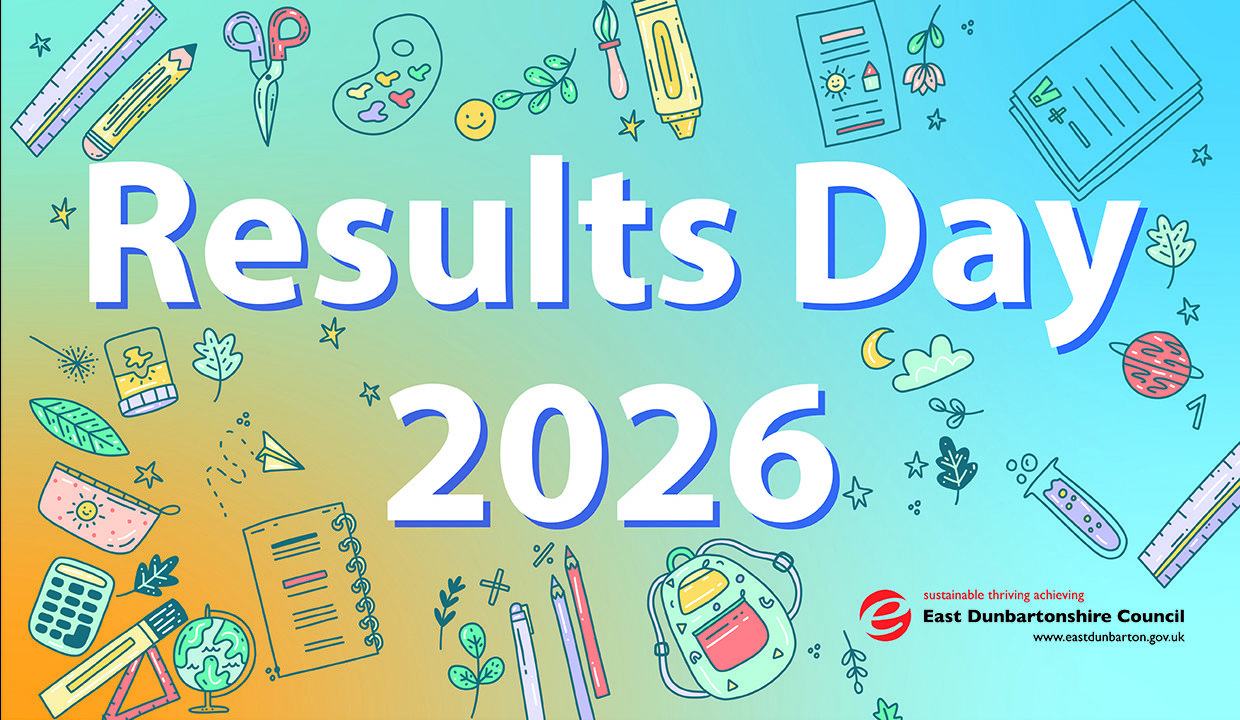 School stationary such as calculators, rulers, pencils, notepads, backpacks and others on a yellow and blue background with text that reads 'results day 2026'