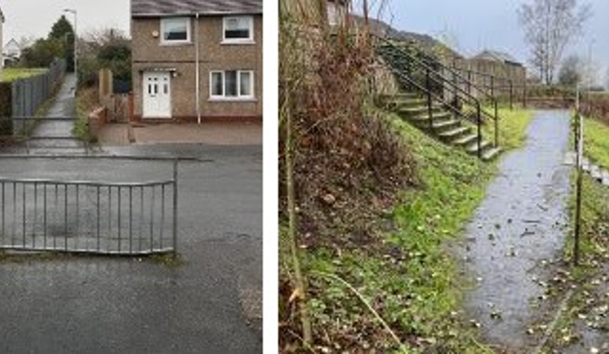 For example (pictured) where guard rails and an uncontrolled road crossing complicate mobility for those with limited mobility and children. There is another example of a path in Lennoxtown with a ramp designed to give access to wheelchairs but the ramp is too steep and slippery to provide genuine, easy access (pictured).