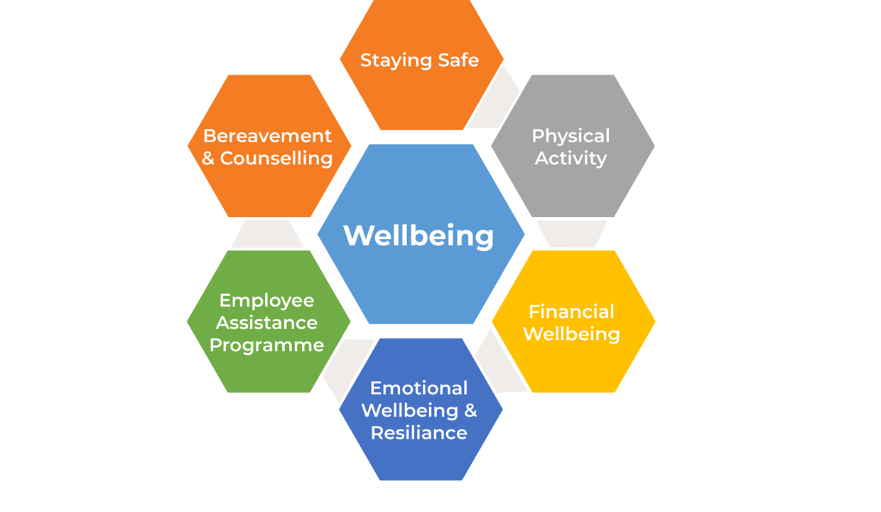 wellbeing diagram - staying safe, bereavement and counselling, physical activity, wellbeing, financial wellbeing, emotional wellbeing and resilience, employee assistance programme