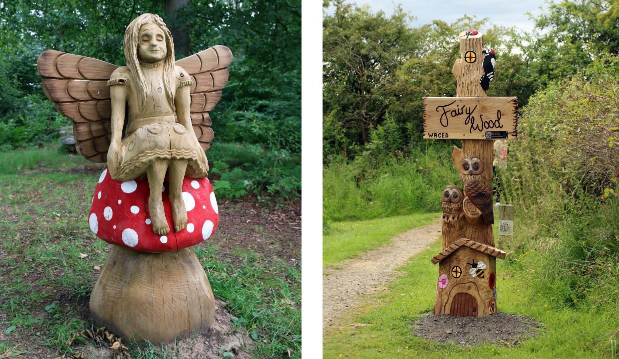 Picture one - wooden sculpture of a fairy
Picture two - entrance to the Milton of Campsie Fairy Woods