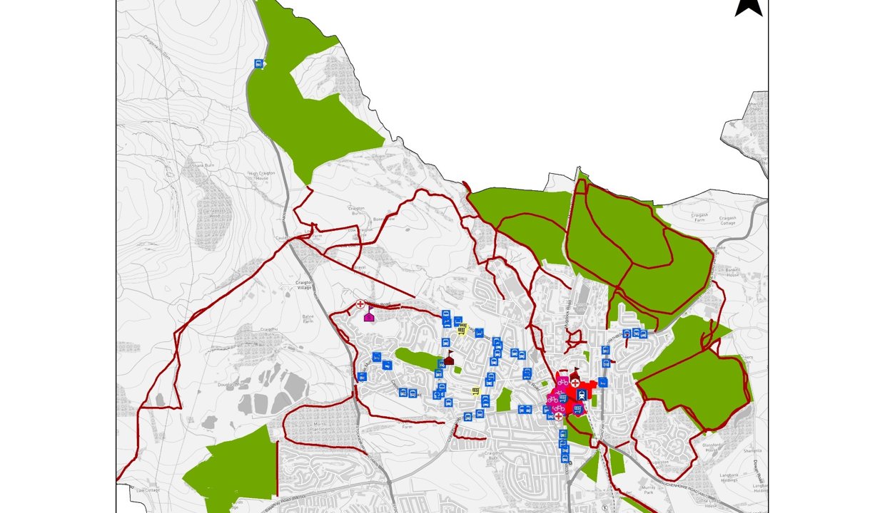 This map shows active travel routes, public transport and key trip generators in Milngavie